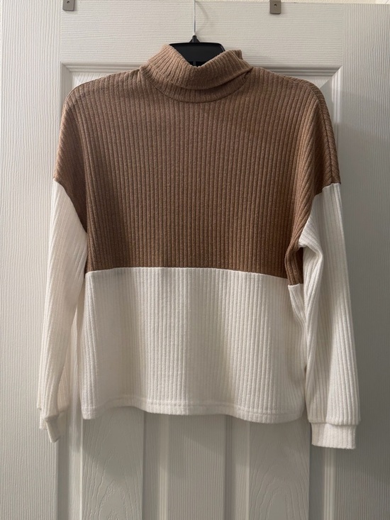 SHEIN Sweaters - SHEIN Two-Tone Ribbed Turtleneck Sweater - Brown & White